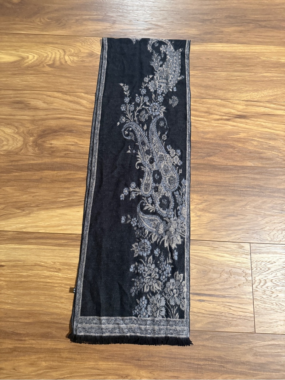 Black & Gray Paisley Floral Scarf 100% cashmere 12.5” x 80”